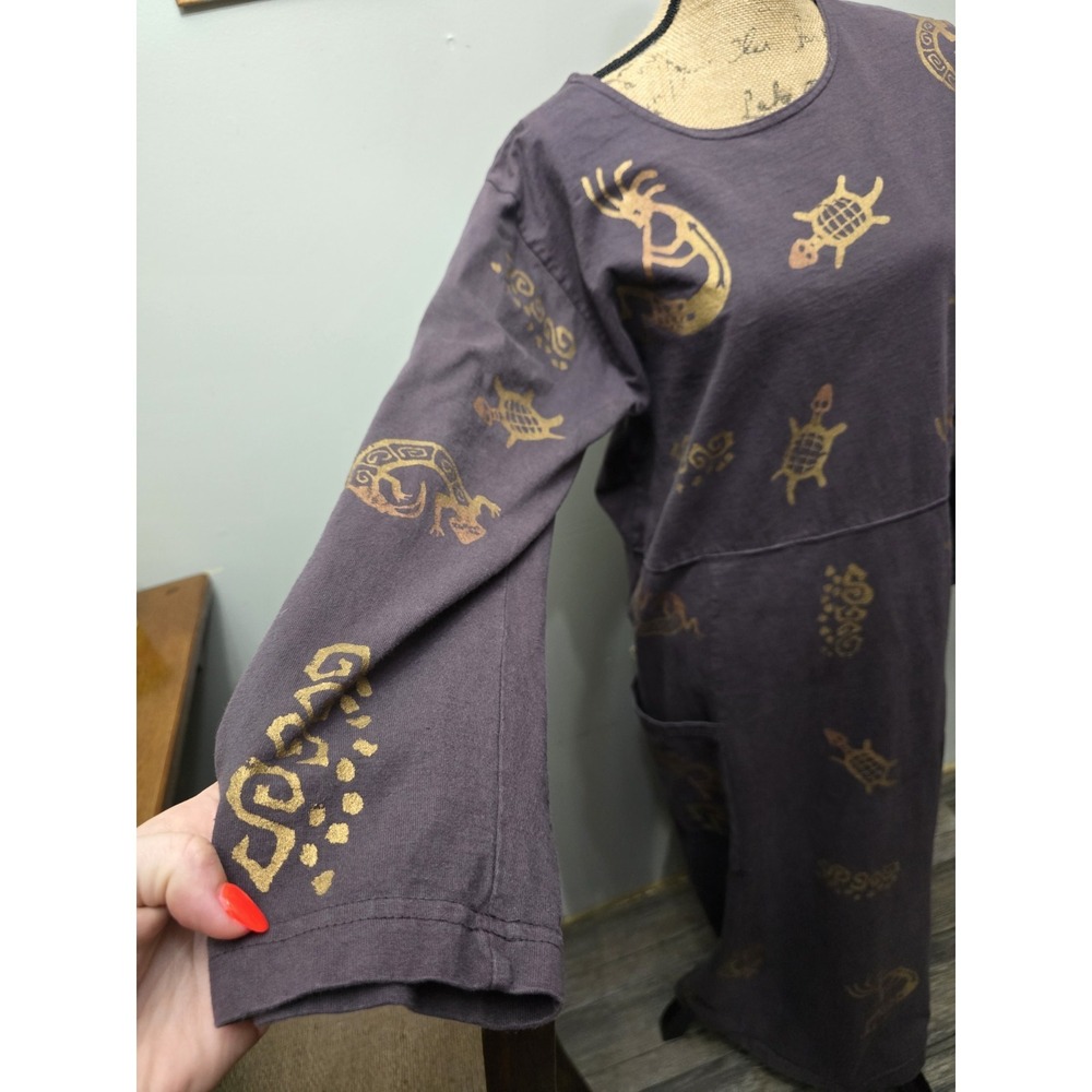 Women's Boho Ethnic Long Sleeve Dress Casual Crewneck Pockets Maxi Small Cotton - Picture 7 of 10